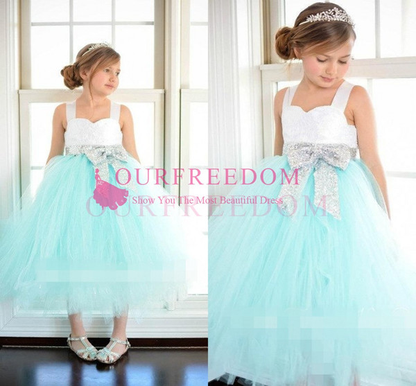 Modest Mint Tea Length Flower Girls Dresses New Spaghetti Straps Princess Ball Gown First Communion Dresses Girls Pageant Gown Custom