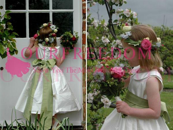 Lovely White Satin Flower Girls Dresses Sage Sashes Tea Length Back Cover Button First Communion Dresses Girls Pageant Gown Hot Sale