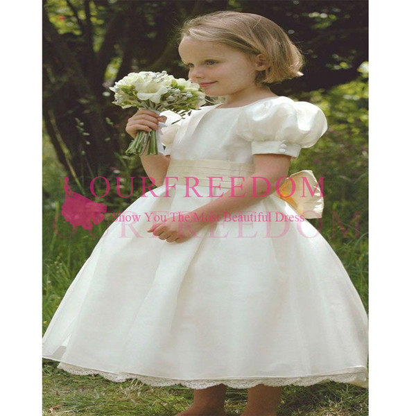 Royal Princess Short Sleeve Flower Girls Dresses Crew Neck Tea Length Sashes Bow Back First Communion Dresses Girls Pageant Gown Custom