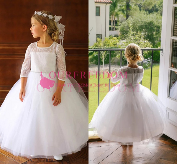 New Lovely Princess 3/4 Long Sleeve Flower Girls Dresses Round Neck Ball Gown Lace Puffy Tulle Ankle Length Girls Birthday Dresses New