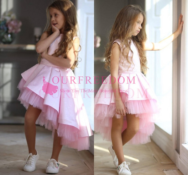 Cute Pink Hi Low Flower Girls Dresses Tulle Lovely A Line Party Wedding Girls Dresses First Communion Dresses Girls Pageant Gown