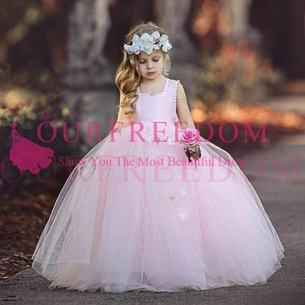 Lovely Pink Flower Girls Dresses Scoop Neck Puffy Tulle Appliques First Communion Dresses Girls Pageant Gown Custom Made