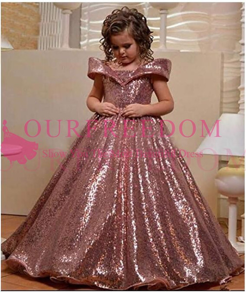 New Modest Off The Shoulder Flower Girls Dresses Rose Gold Sequins Puffy Ball Gown First Communion Dresses Girls Pageant Gown