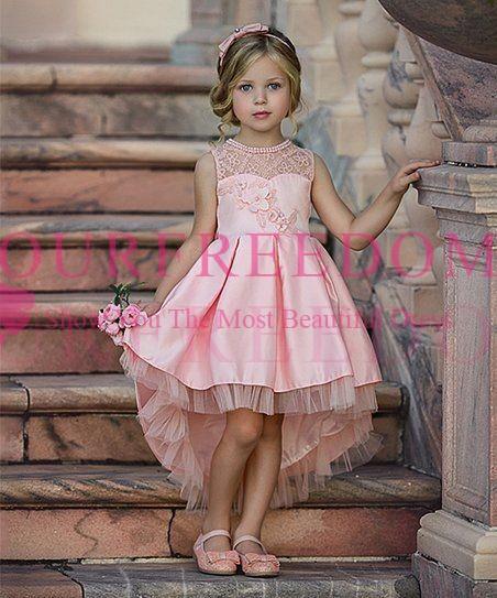 Modest Hi Low Pink Flower Girls Dresses Pearls Lace Appliques A Line First Communion Dresses Girls Pageant Gown Custom Made