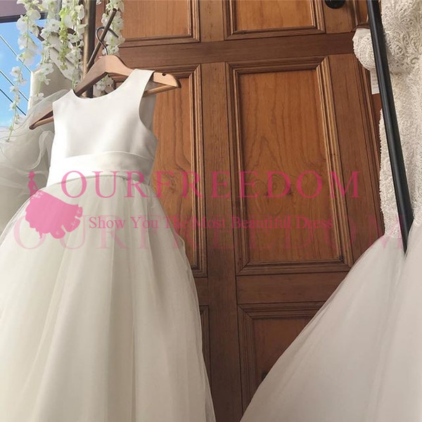 Chic White Floor Length Flower Girls Dresses Satin Puffy Tulle First Communion Dresses Girls Pageant Gown Cheap For Country Wedding