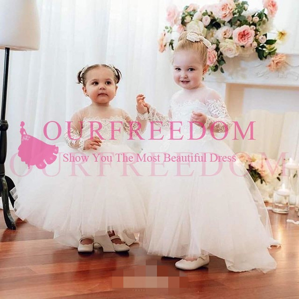 Cute White Ball Gown Flower Girls Dresses Transparent Crew Neck Long Sleeve Lace Appliques Ankle Length First Communion Dresses Birthda