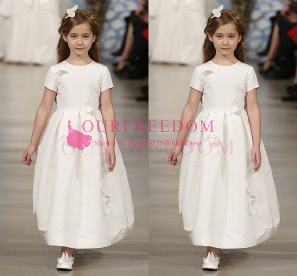 Cute Crew Neck Flower Girls Dresses Short Sleeve A Line Satin With Butterfly Appliques Ankle Length First Communion Dresses Girls Gowns