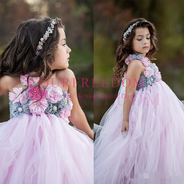 Pink One Shoulder Flower Girls Wedding Dresses Appliques Strapless Tulle Floor Length Flower Appliques Girls Dresses For Weddings Ball Gown