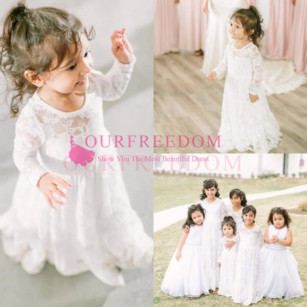 Boho White Long Sleeve Flower Girls Dresses Full Lace Crew Neck Floor Length First Communion Dresses Girls Pageant Gown