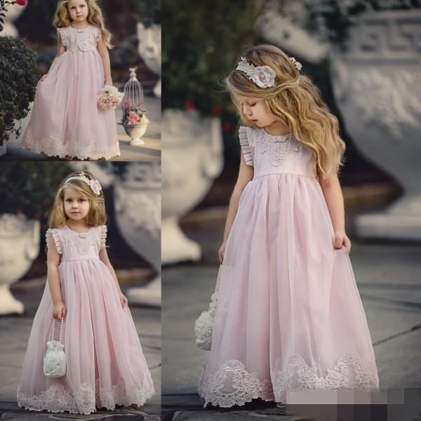 Lovely Vintage Pink Flower Girl Dresses Special Occasion For Weddings Kids Pageant Gowns A-Line Lace Appliqued First Communion Dress