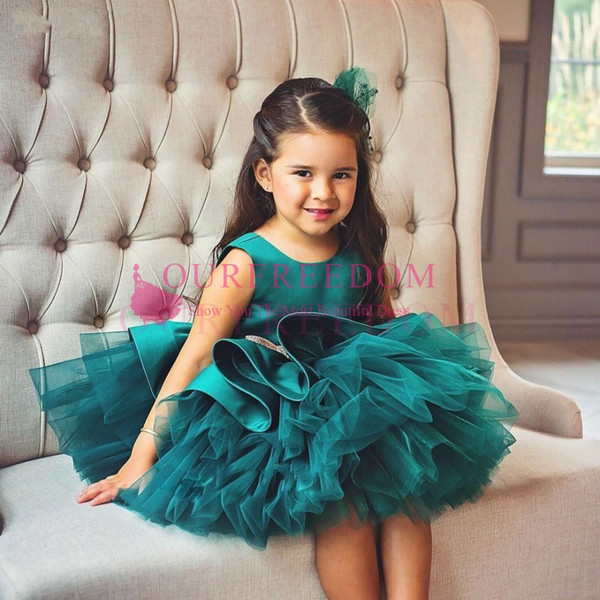 Puffy Green Ball Gowns Flower Girls Dresses Scoop Bows Short Girls Birthday Party Gowns Vestido Comunion