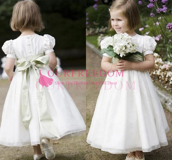 Vintage Princess Short Sleeve Flower Girls Dresses Crew Neck A Line Ankle Sage Sash First Communion Dresses Girls Pageant Gown