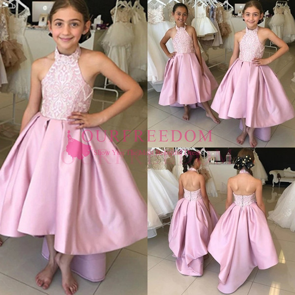 Cute Pink Hi Lo Flower Girls Dresses Halter Neck Appliques A Line Back Cover Buttons Girls Pageant Gown First Communion Dresses