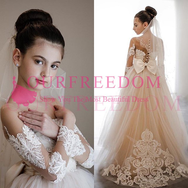 Elegant Champagne Tulle Flower Girls Dresses Long Sleeve Bow Sheer Jewel Neck First Communion Dresses Girls Pageant Gown Custom Made