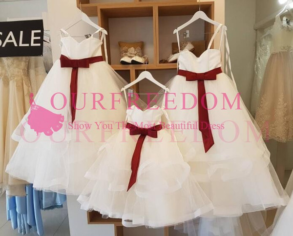 Lovely Spaghetti Flower Girls Dresses Burgundy Sash Ruffles Tiered Skirts Floor Length First Communion Dresses Girls Pageant Gown