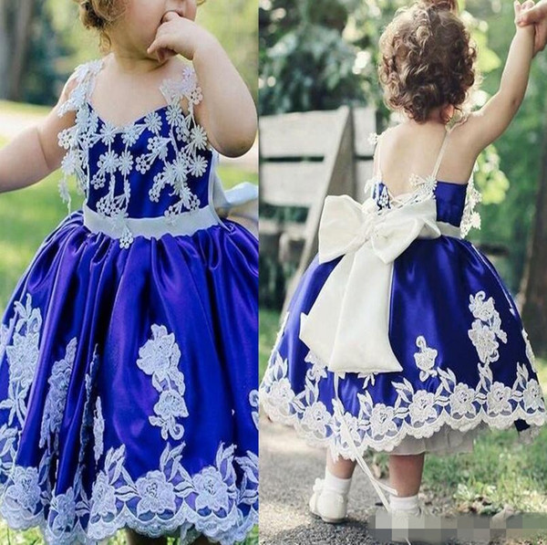 Royal Blue Flower Girls Dresses Custom Made 3D Flower Lace Spaghetti Big bow Sash Back Special Occasion Tea Length Long Pageant Gowns