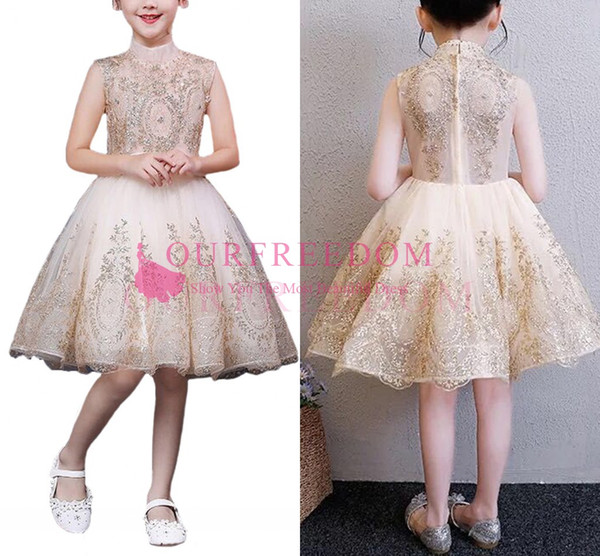 Lovely Appliques High Neck Flower Girls Dresses A Line Short Mini First Communion Dresses Girls Pageant Gown Custom Made