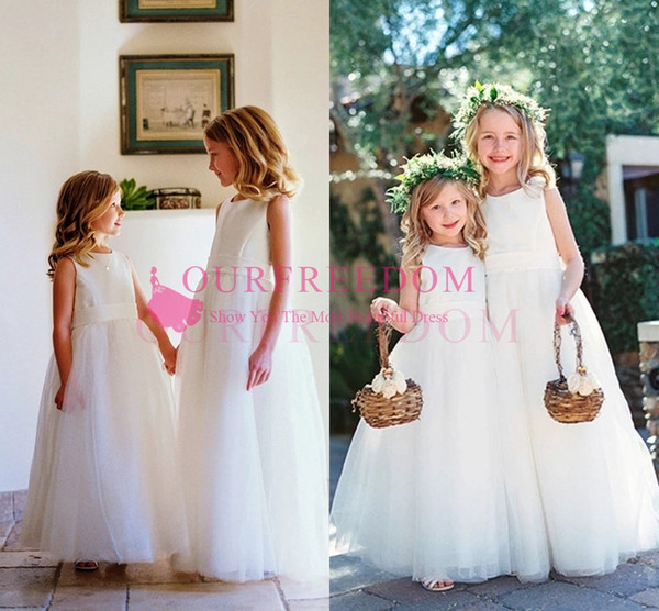 Lovely White Crew Neck Flower Girls Dresses A Line Floor Length Tulle First Communion Dresses Girls Pageant Gown Birthday Party Dresses