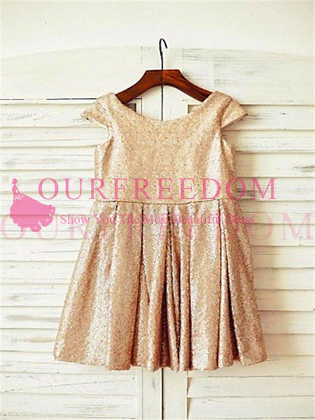 2022Cheap Shining Gold Sequins Flower Girls Dresses Jewel Neck Short Mini First Communion Dresses Girls Pageant Gown Custom Made