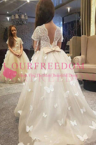 Cute Butterfly Flower Lace Flower Girls Dresses Backless Short Sleeve A Line Bow First Communion Dresses Girls Pageant Gowns