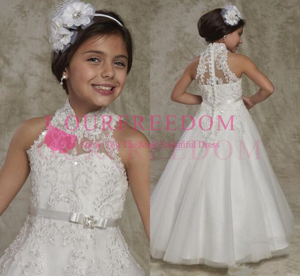 New Long Flower Girl Dress with Appliques Beading Buttons First Communion Gowns Sleeveless New Arrivals Custom Made Longo