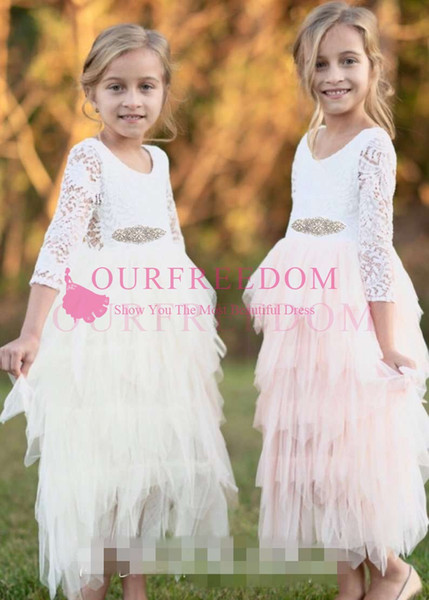 Adorable Ruffles Tull Flower Girls Dresses Long Sleeve Crew Neck Ankle Length First Communion Dresses Girls Pageant Gown Custom Made