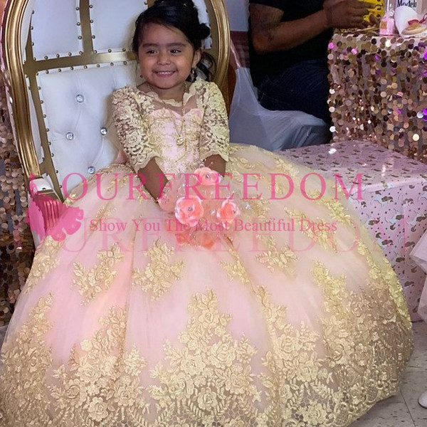 Gorgeous Ball Gown Pink Flower Girls Dresses 3/4 Sleeve Jewel Neck Gold Appliques Princess First Communion Dresses Girls Pageant Gown