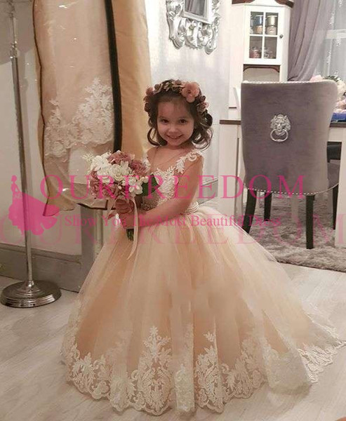 Cute Champagne Tulle Flower Girls Dresses Jewel Neck White Appliques Lace First Communion Dresses Girls Pageant Gown Custom Made