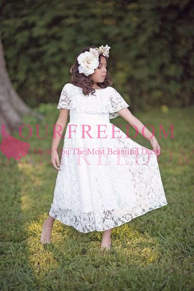 Adorable White Lace Off The Shoulder Flower Girls Dresses Short Sleeve Ankle Length First Communion Dresses Girls Pageant Gown Custom