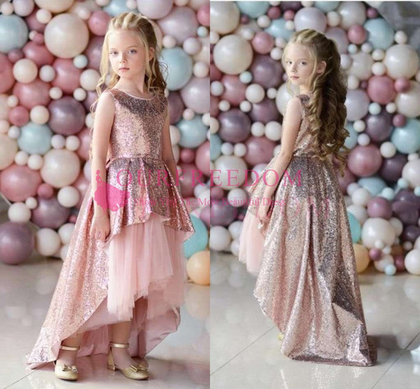 Rose Gold Sequins Flower Girls Dresses Jewel Neck Hi Low Floor Length First Communion Dresses Girls Pageant Gown Custom Made Hot Sale