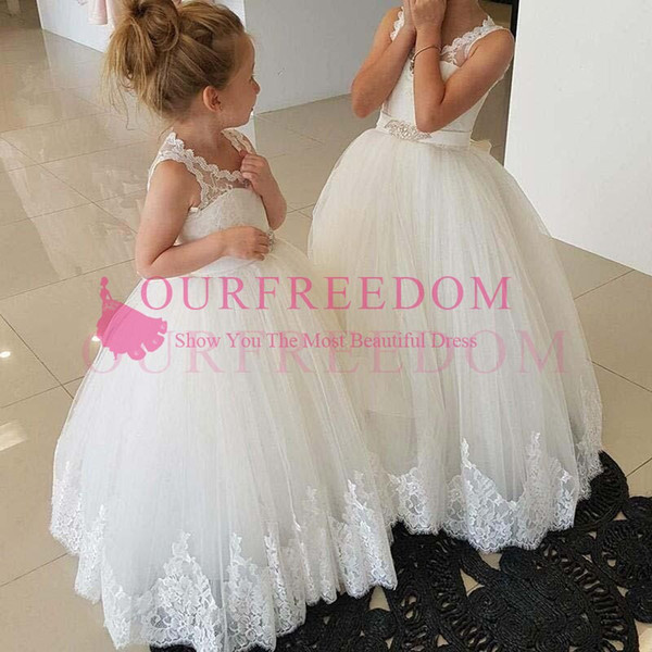 Cute White Sheer Jewel Neck Lace Flower Girls Dresses Puffy Tulle A Line Hollow Back First Communion Dresses Girls Pageant Gown Custom