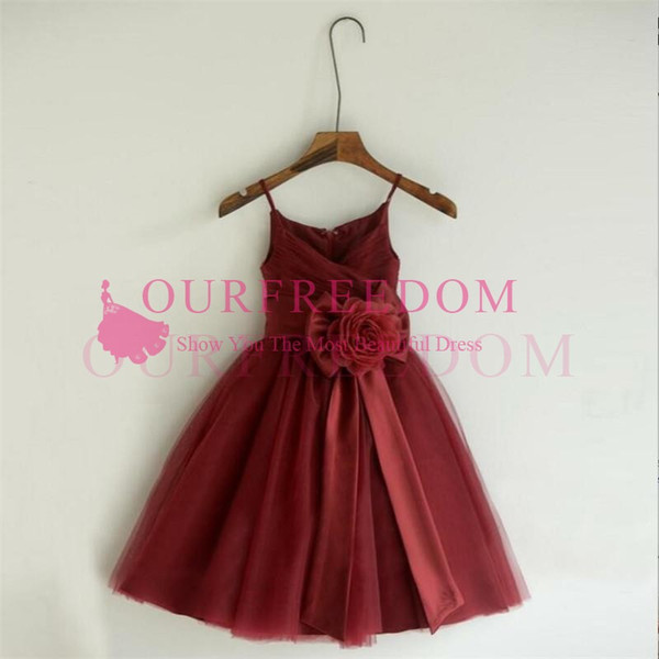 Burgundy Tulle Spaghetti Flower Girls Dresses With 3D Flora Appliques First Communion Dresses Girls Pageant Gown Cheap Hot Sale