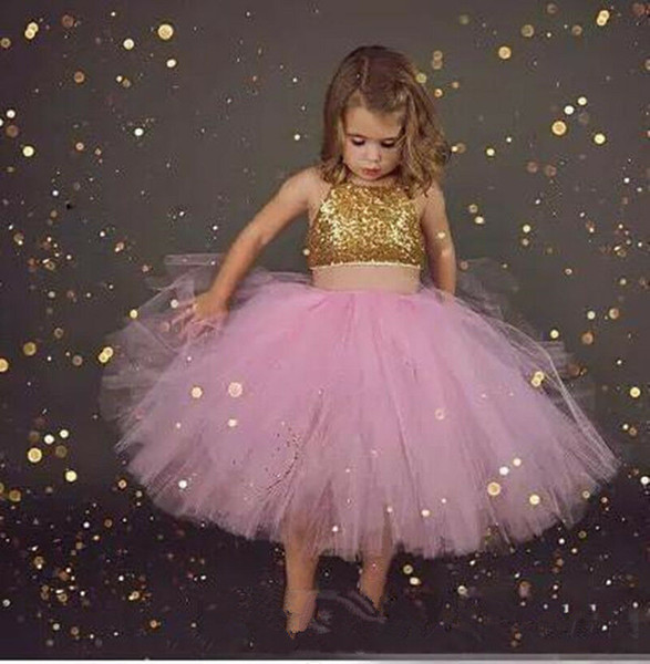 Cute Pink Gold Sequins Two Piece Flower Girls Dresses Puffy Tulle First Communion Dresses Girls Pageant Gown Custom Made