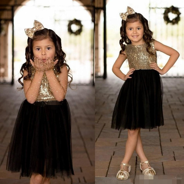 Black Gold Sequins Tulle Flower Girls Dresses For Weddings Children Party Birthday Dresses Sparkly Girls Pageant Gowns