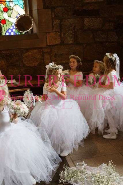 White Short Sleeve Puffy Tulle Flower Girls Dresses Floor Length First Communion Dresses Girls Pageant Gown Custom Made Hot Sale