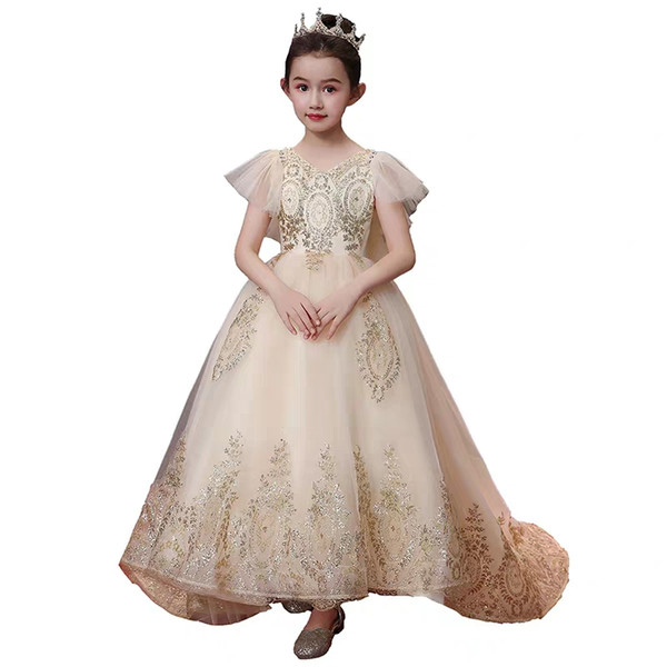 Gorgeous Champagne Tulle Flower Girls Dresses Cape Sleeve Appliques A Line Sweep Train First Communion Dresses Girls Pageant Gown