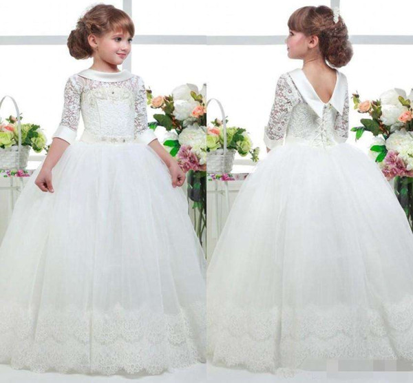 White First Communion Flower Girl Dresses Princess Tulle Lace Applique Hem Ball Gown Kids Graduation Pageant Gowns