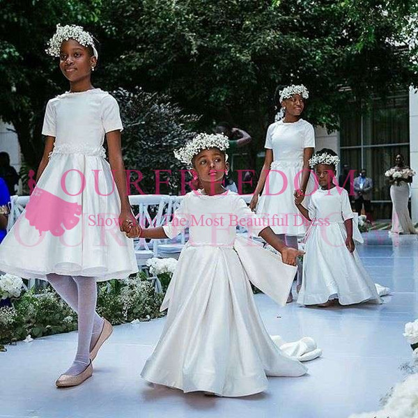 Adorable Half Sleeve White Satin Flower Girls Dresses White Satin Sweep Train Jewel Neck Girls Pageant Gown First Communion Dresses