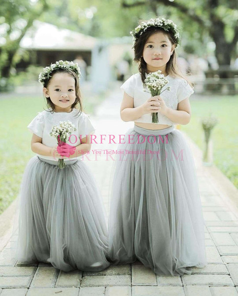 Cute Tutu Gray Two Piece Flower Girls Dresses Short Sleeve A Line Floor Length First Communion Dresses Girls Pageant Gown