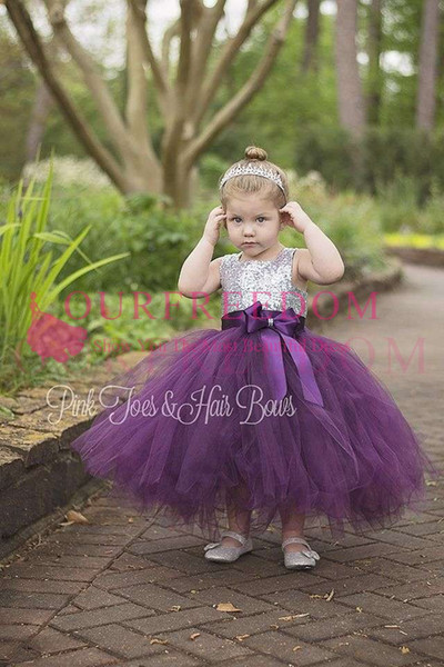 Lovely Purple Flower Girls Dresses Short Mini Puffy Tulle Sparkly Sequins Tea Length First Communion Dresses Girls Pageant Gown