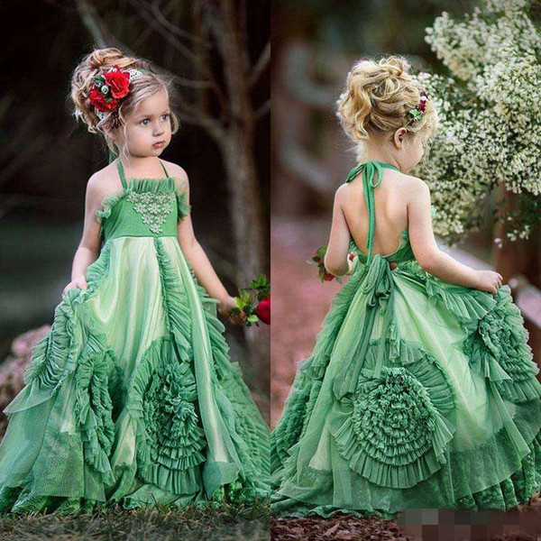 Cheap Boho Ruffles Flower Girls Dresses For Weddings A-Line Halter Kids Pageant Dress Hunter Green Beach Birthday Lace First Communion Gowns