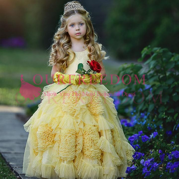 Lovely Yellow Flower Girls Dresses Spaghetti Straps A Line Ruffles Tiered Skirts Kid Formal First Communion Dresses Girls Pageant Gown