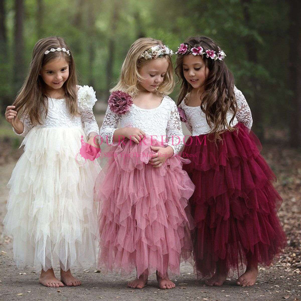 Adorable Long Sleeve Flower Girls Dresses Lace Ruffles Tiered Skrits First Communion Dresses Girls Pageant Gown Custom Made Hot Sale