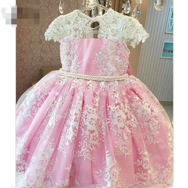 Pink White Appliques Pearls Girl Dress with Big Bow O-neck Knee Length Short Sleeves Custom Made Princess Flower Girl Dresses