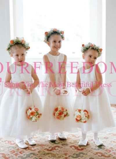 Lovely Cute Flower Girls Dresses Tea Length Jewel Neck Zipper Back White A Line First Communion Dresses Girls Pageant Gown For Counrty