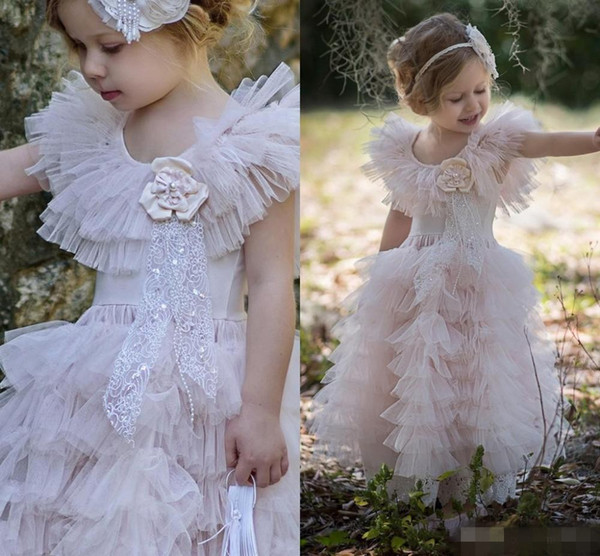 Princess Lace Flower Girl Dresses Pink Lovely Girl Pageant Dress Tiered Ruffle Tulle Sweet Little Kids Birthday Party Dress