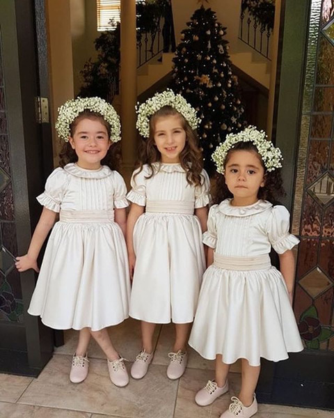 Cute Vintage Short Sleeve Flower Girls Dresses Jewel Neck Tea Length First Communion Dresses Girls Pageant Gown Cheap Hot Sale