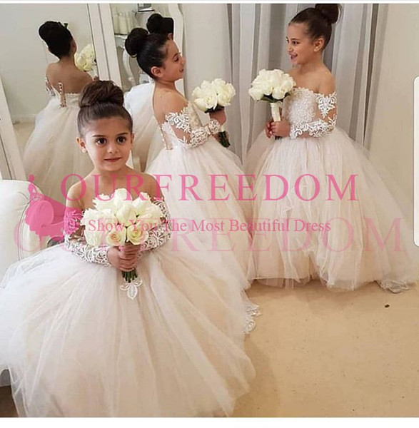 Adorable Sheer Jewel Neck Flower Girls Dresses Long Sleeve Puff Tulle Back Cover Button First Communion Dresses Girls Pageant Gowns