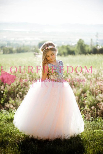 New Pale Pink Tulle Flower Girls Dresses Sparkly Sequins Princess Ball Gown First Communion Dresses For Wedding Garden Girls Pageant