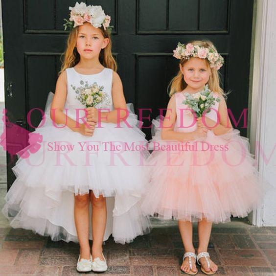 Cute Hi Low Flower Girls Dresses Jewel Neck Ruffles First Communion Dresses Girls Pageant Gown For Beach Garden Wedding Dresses